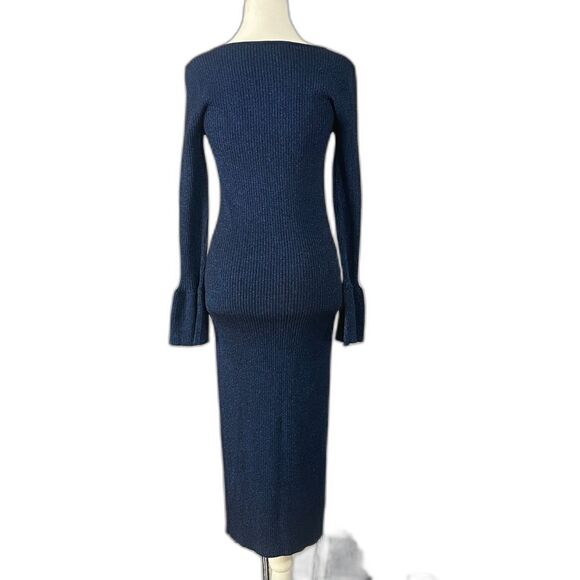 LOFT Navy Metallic Ribbed Knit Sweater Dress Long Sleeve Sz Sm NEW YEAR'S EVE - Picture 4 of 11